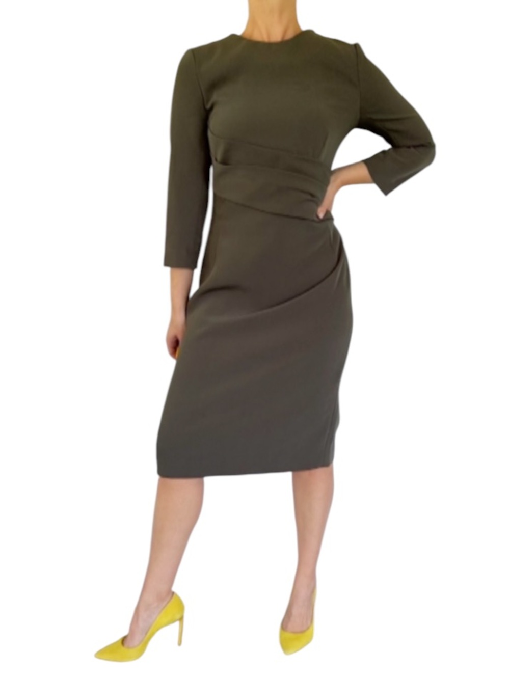 The Fold London olive green pleated waist long sleeve pencil dress size 12